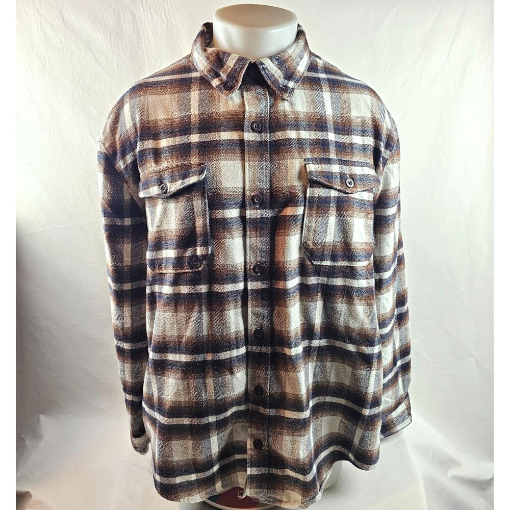 Rainforest Flannel Shirt Mens XL Brown Plaid Button Up Heavyweight Shacket Gorp